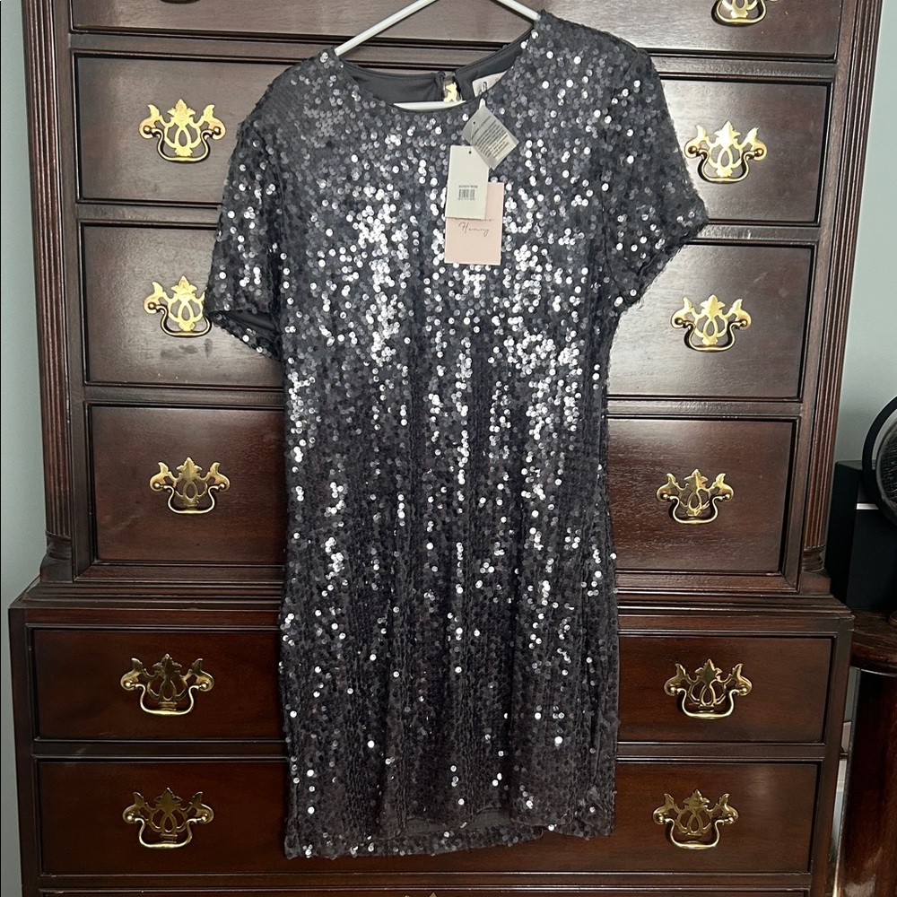 Charles Henry Glittering Silver Mini Dress